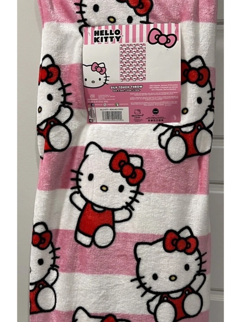 Hello Kitty Pink White Striped Plush Throw Blanket with Red Accents